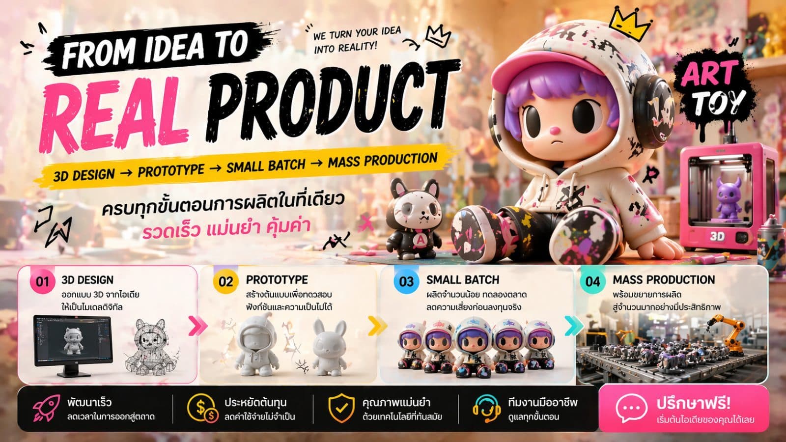 จากไอเดียสู่การผลิตจริง: 3D Design → Prototype → Small Batch → Mass Production